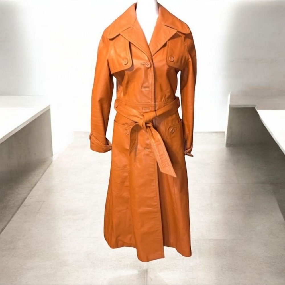 Women's Leather Trench Coat - Rust orangy